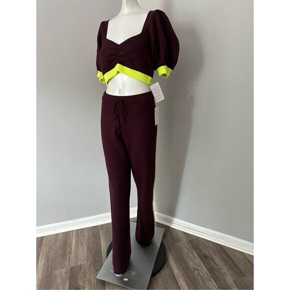 NWT For Love & Lemons Cropped Top And Sweatpant 2Piece Set Burgundy Large - Picture 3 of 9